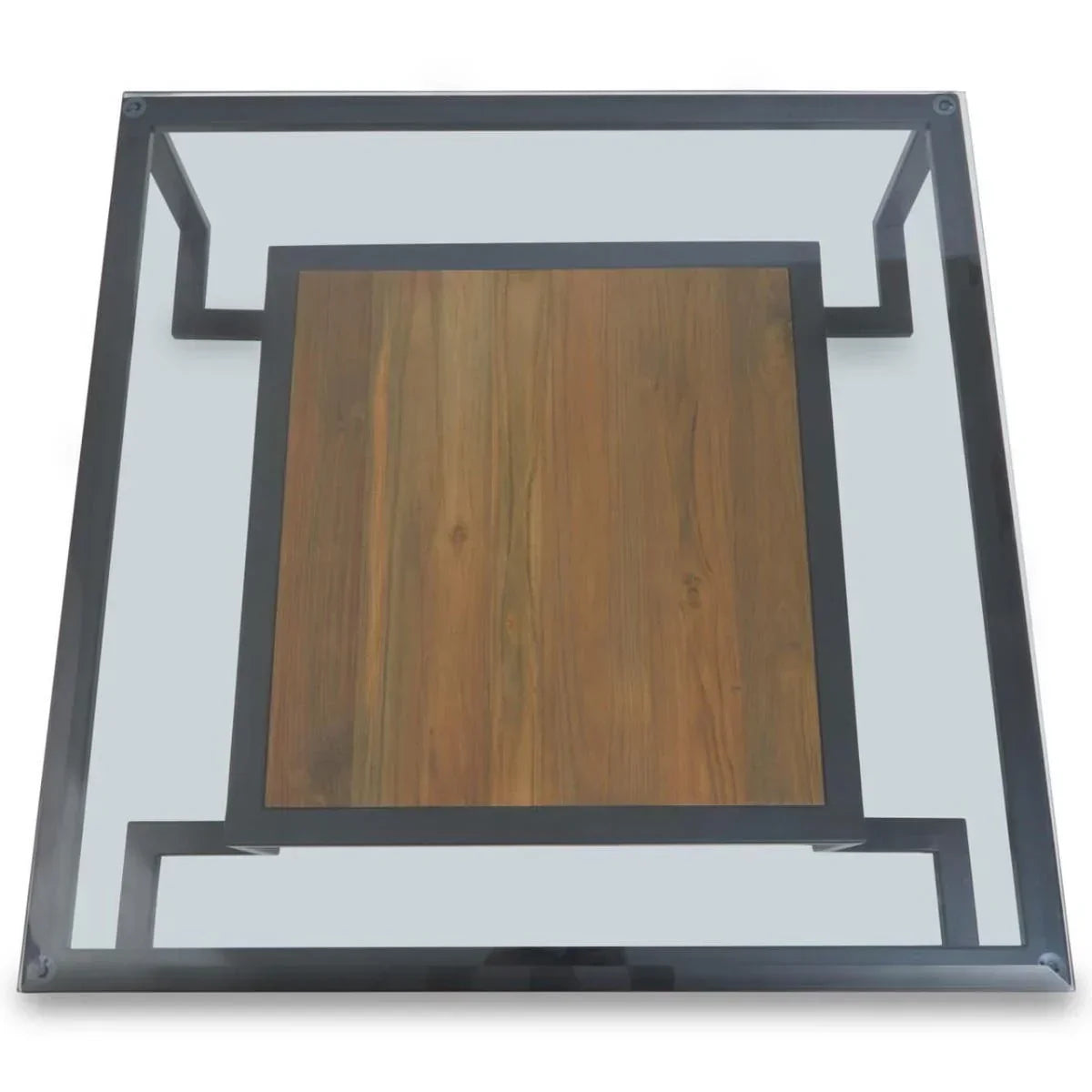 Square glass coffee table with black metal frame and central wood panel, top view
