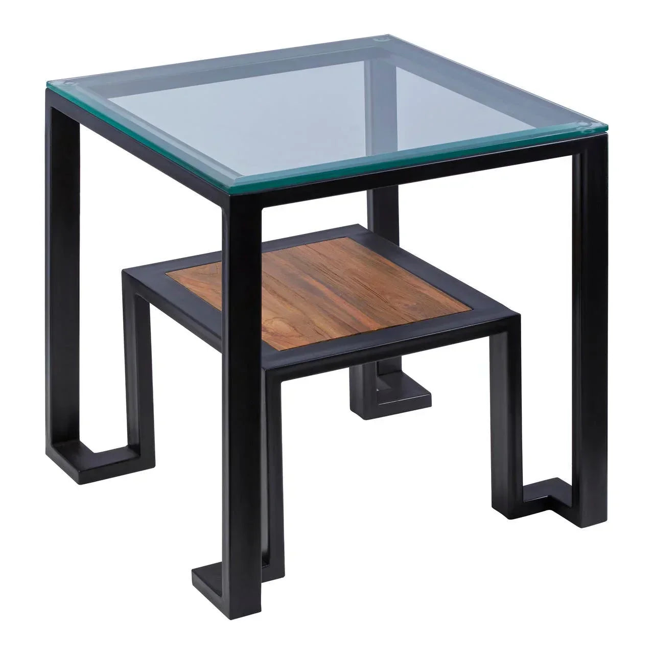 glass top side table with black metal frame and lower wooden shelf