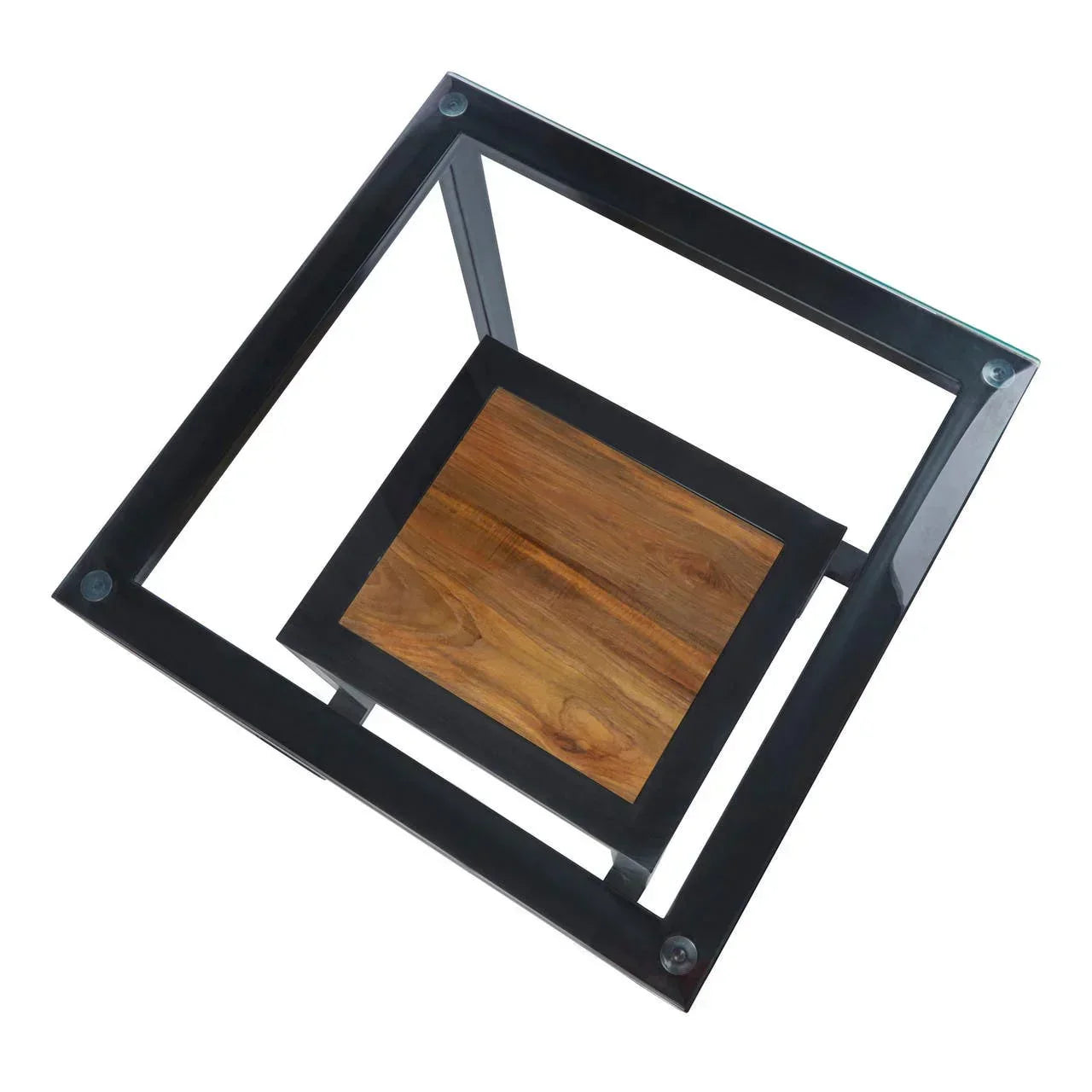 Square side table with glass top, black metal frame, and wood shelf viewed from above