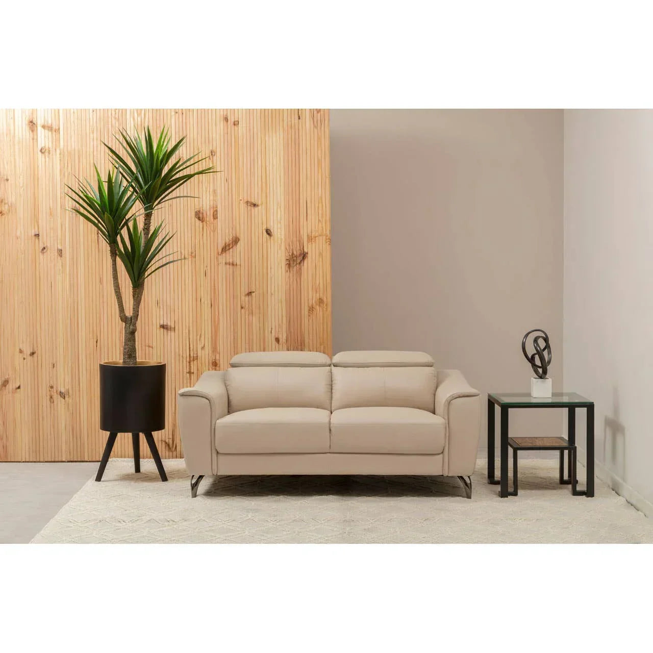 Beige leather sofa with metal legs in modern living room, next to black side table and plant