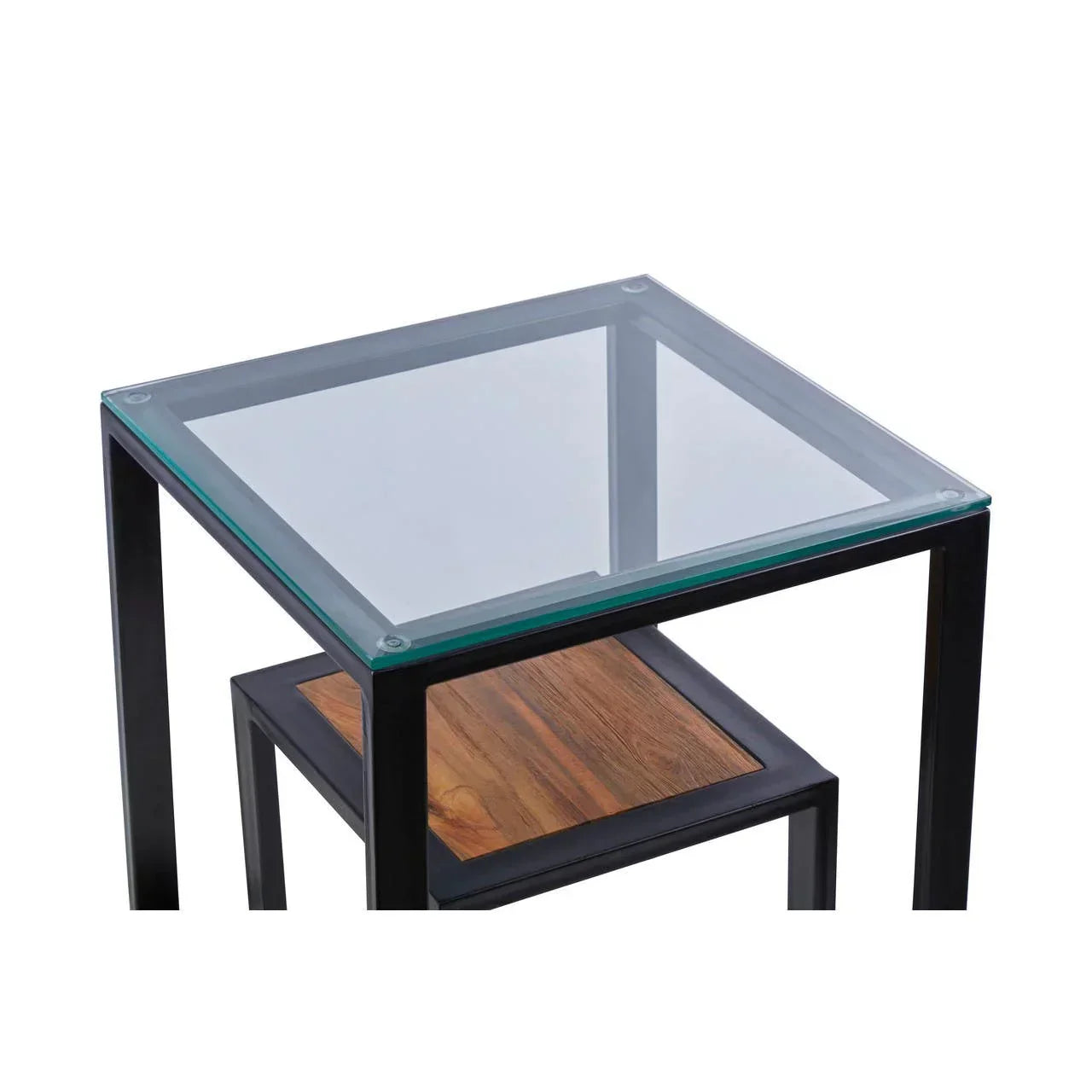 Square glass top side table with black metal frame and lower wooden shelf