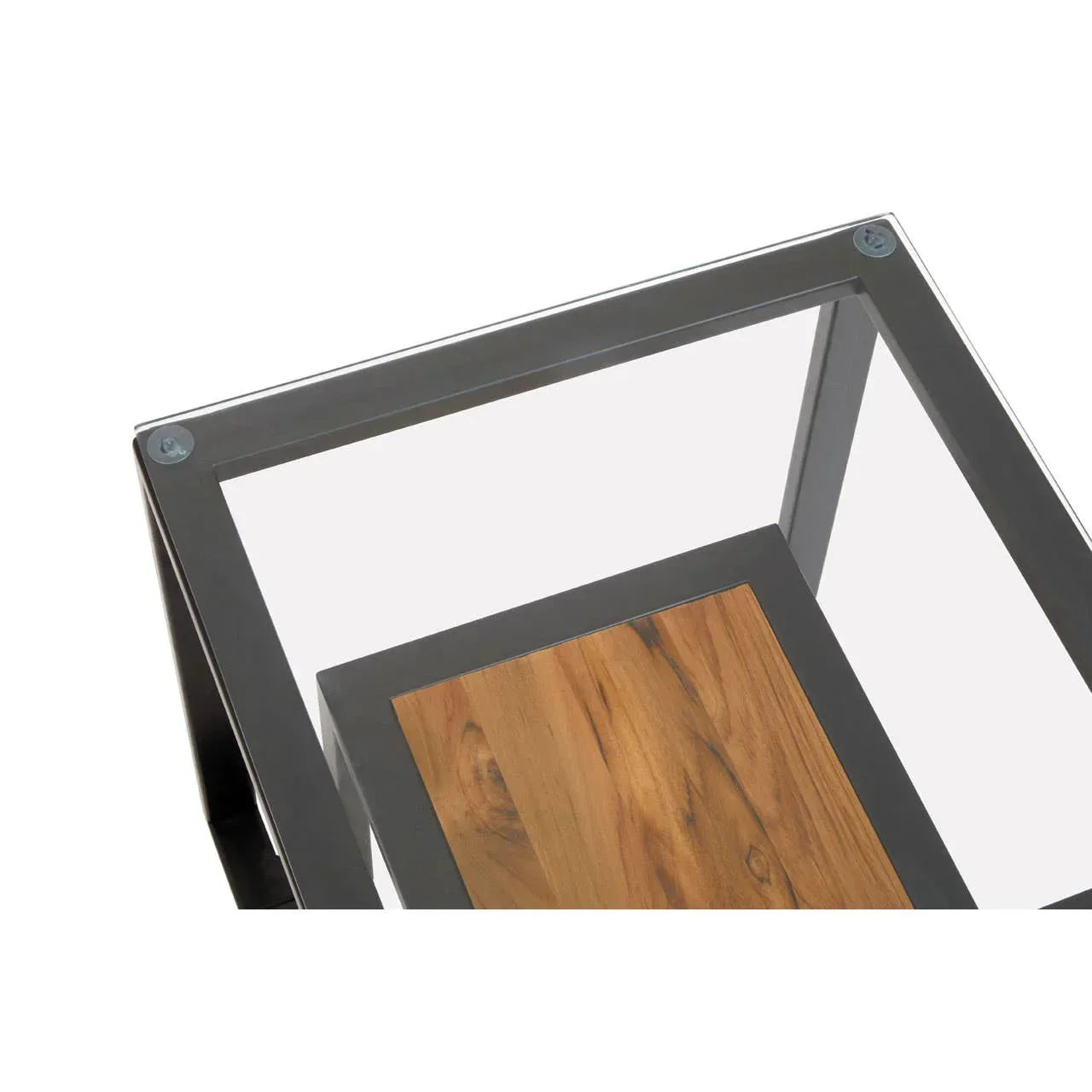 Glass top coffee table with black metal frame and wood accent insert, close-up corner view