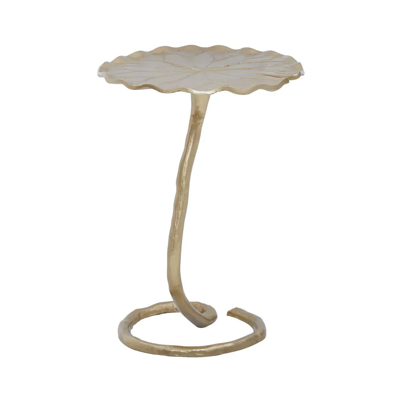 Gold metal side table with textured round top and curved base