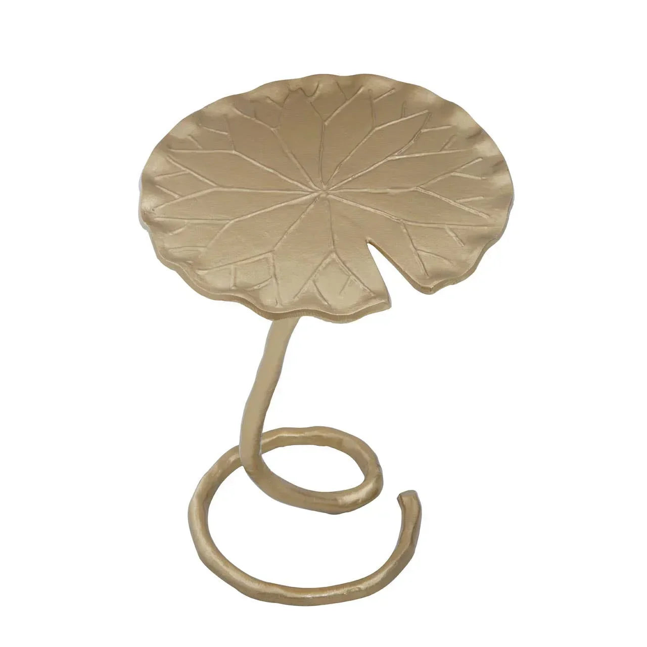 Gold metal side table with lily pad shaped top and spiral base