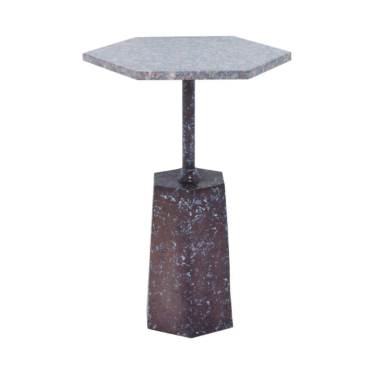 Hexagonal marble side table with dark textured base and contemporary design