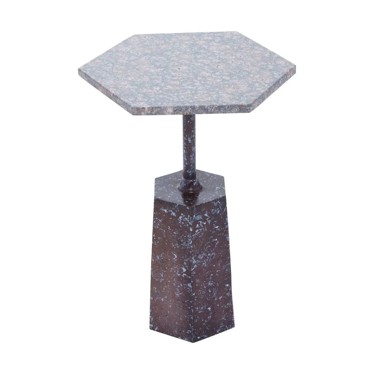 Hexagonal marble side table with pedestal base and speckled dark blue finish