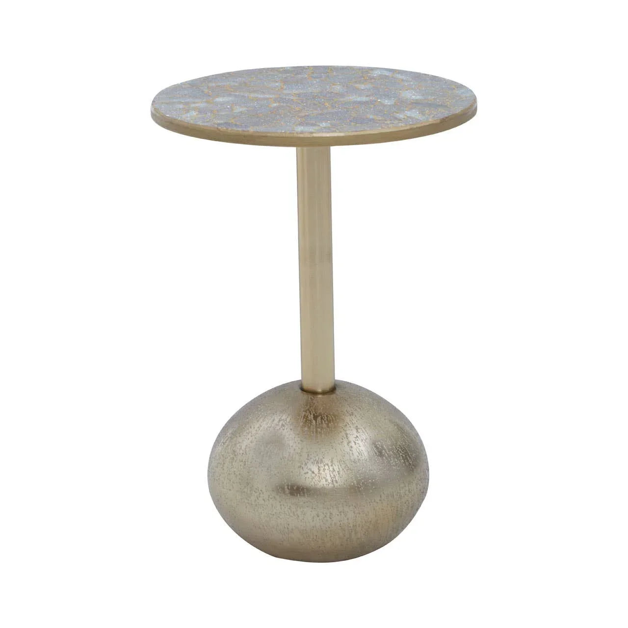 Round gold side table with textured metal base and slim central support