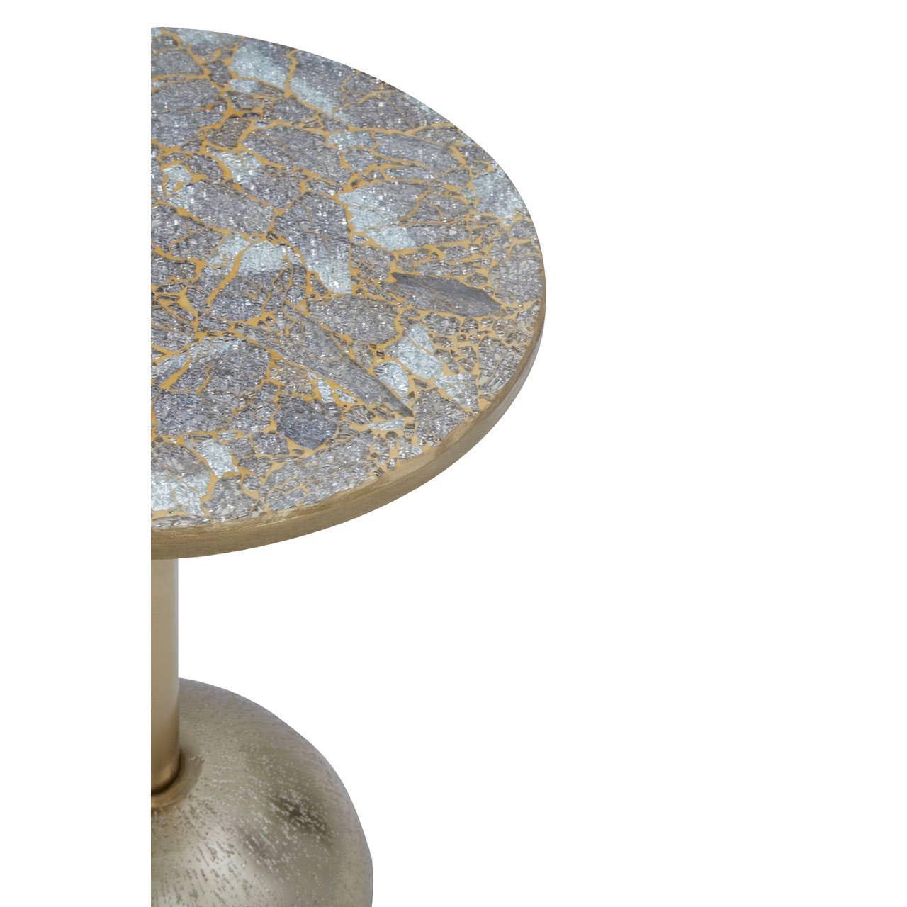 Round mosaic side table with gold and silver stone top and metallic pedestal base