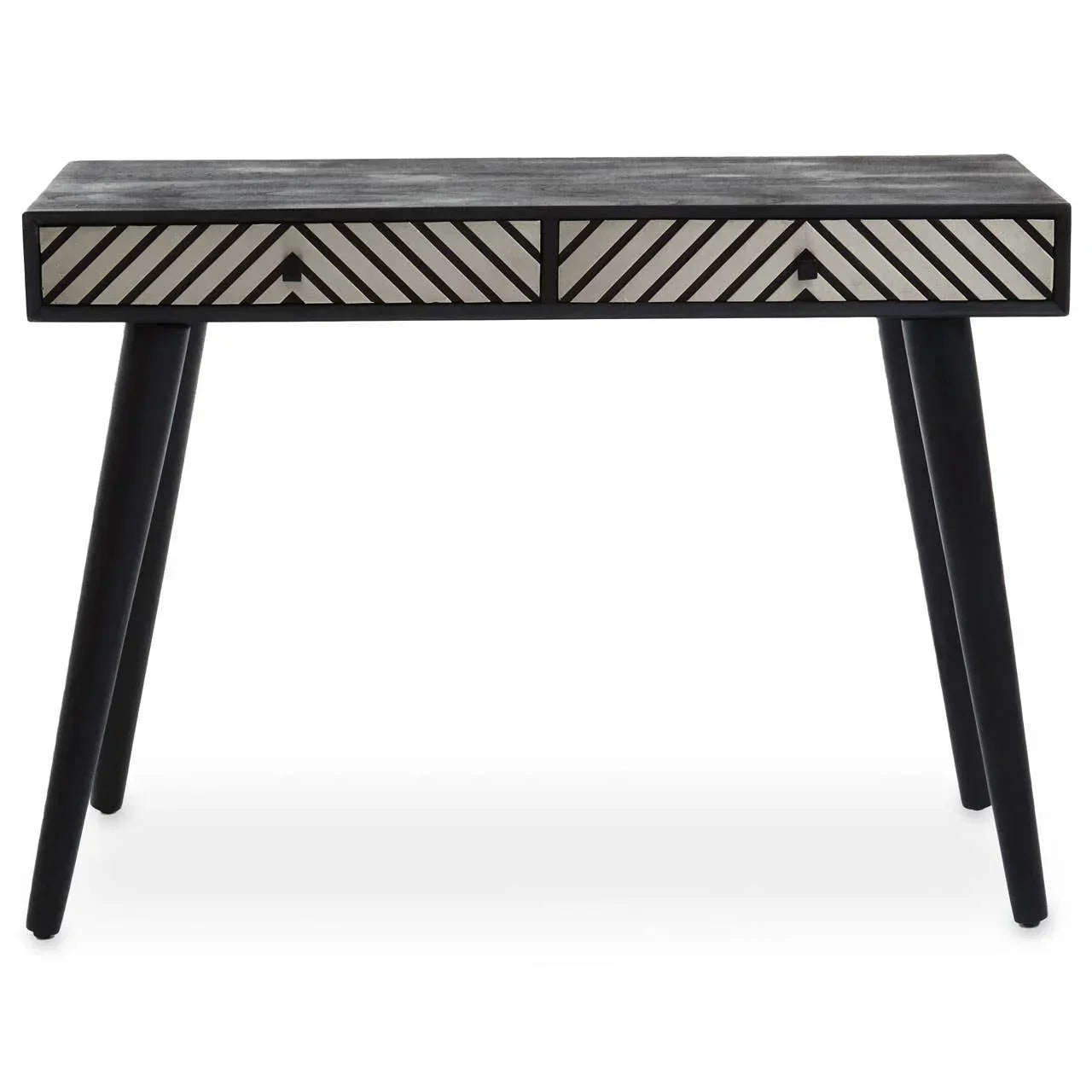 Black console table with two geometric front drawers and tapered legs