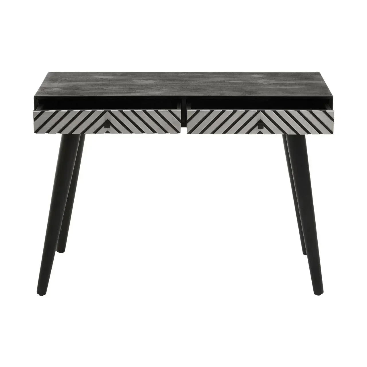 Black wooden console table with two geometric pattern drawers and angled legs