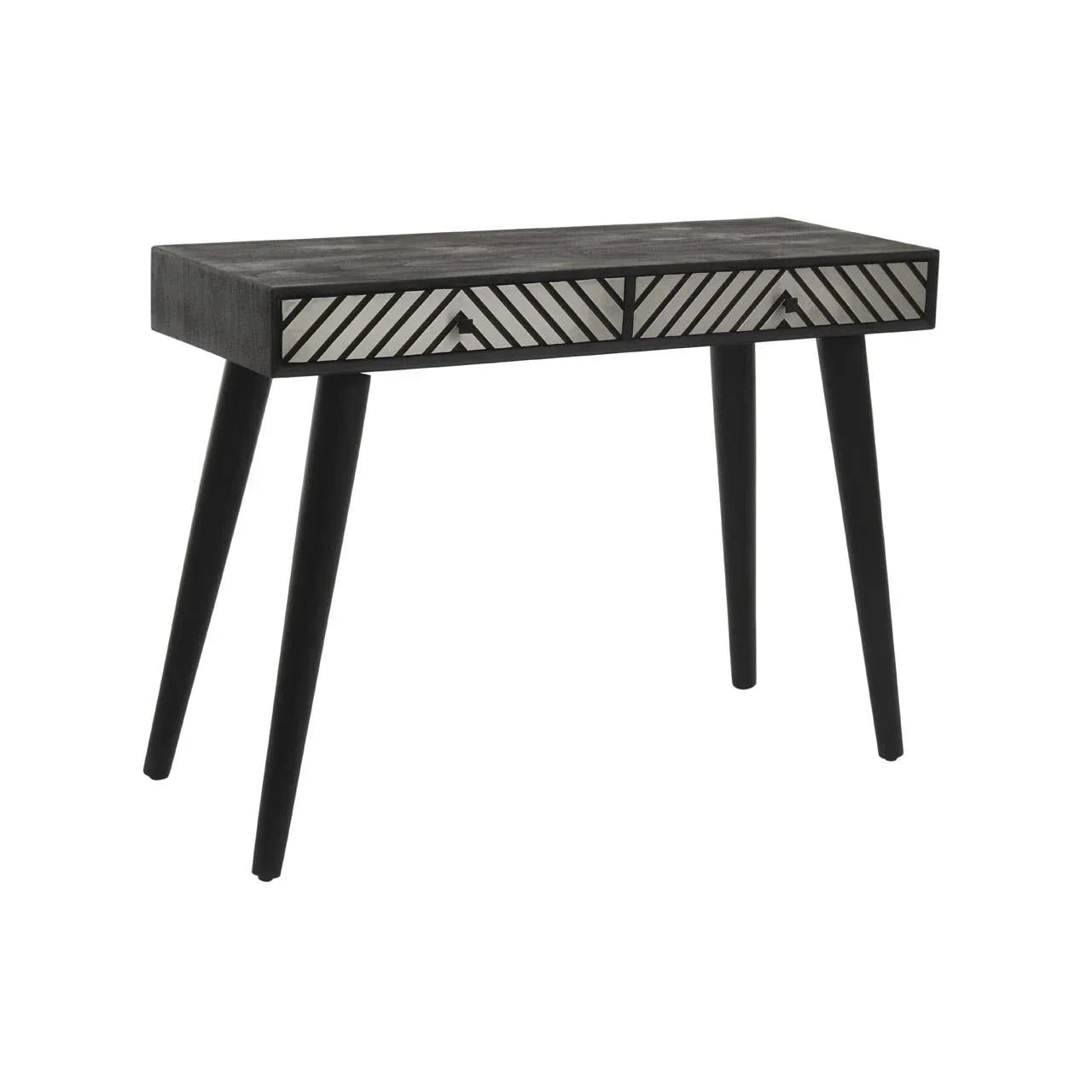 Black wood console table with two drawers and geometric inlay design on front