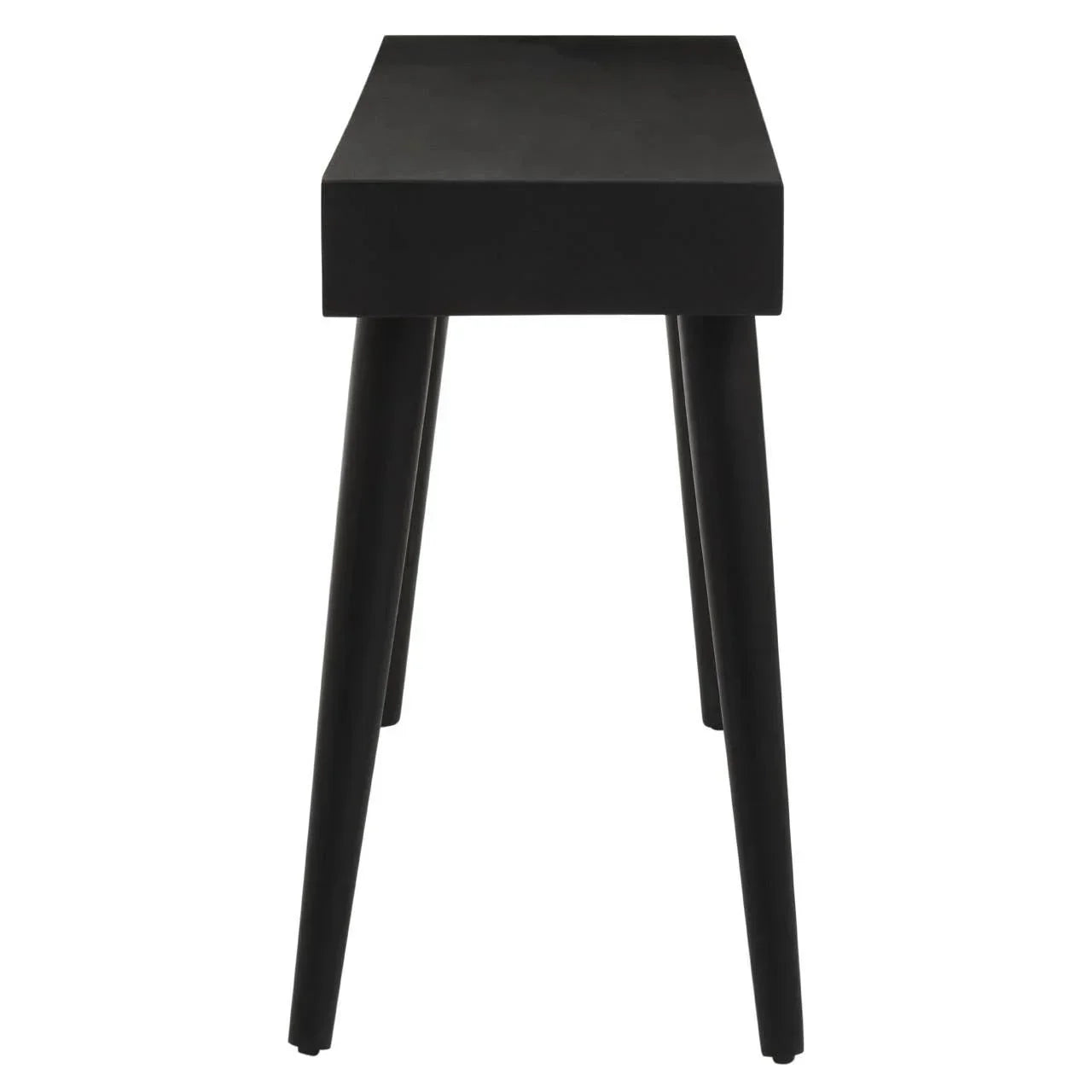 Black wooden side table with four angled legs, front view