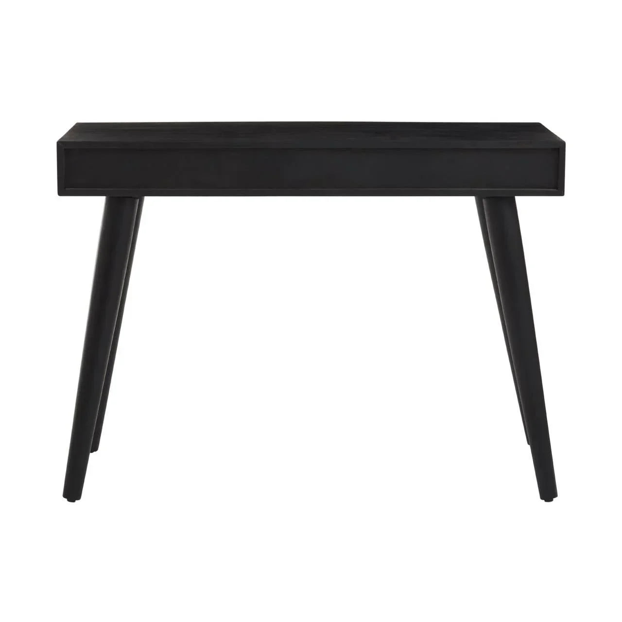 Black wooden console table with slim tapered legs and sleek rectangular top