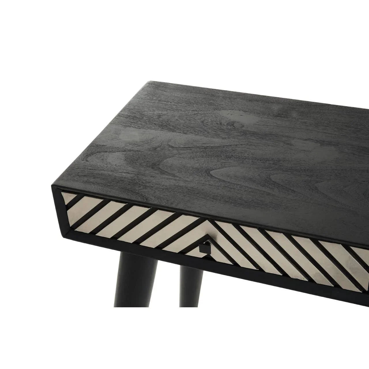 Black wooden console table with diagonal patterned drawer and tapered legs