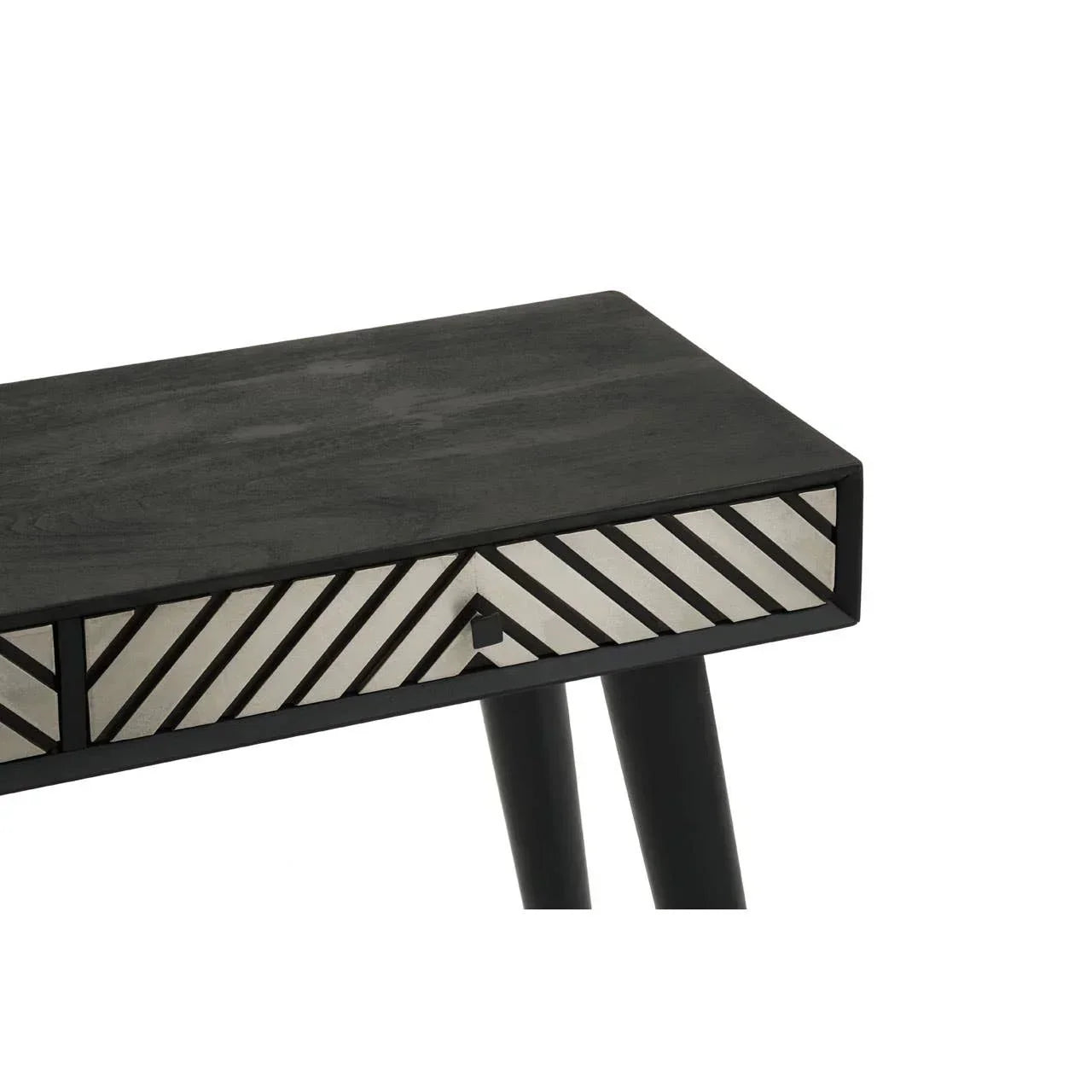 Black wooden console table with single drawer and geometric striped front detail