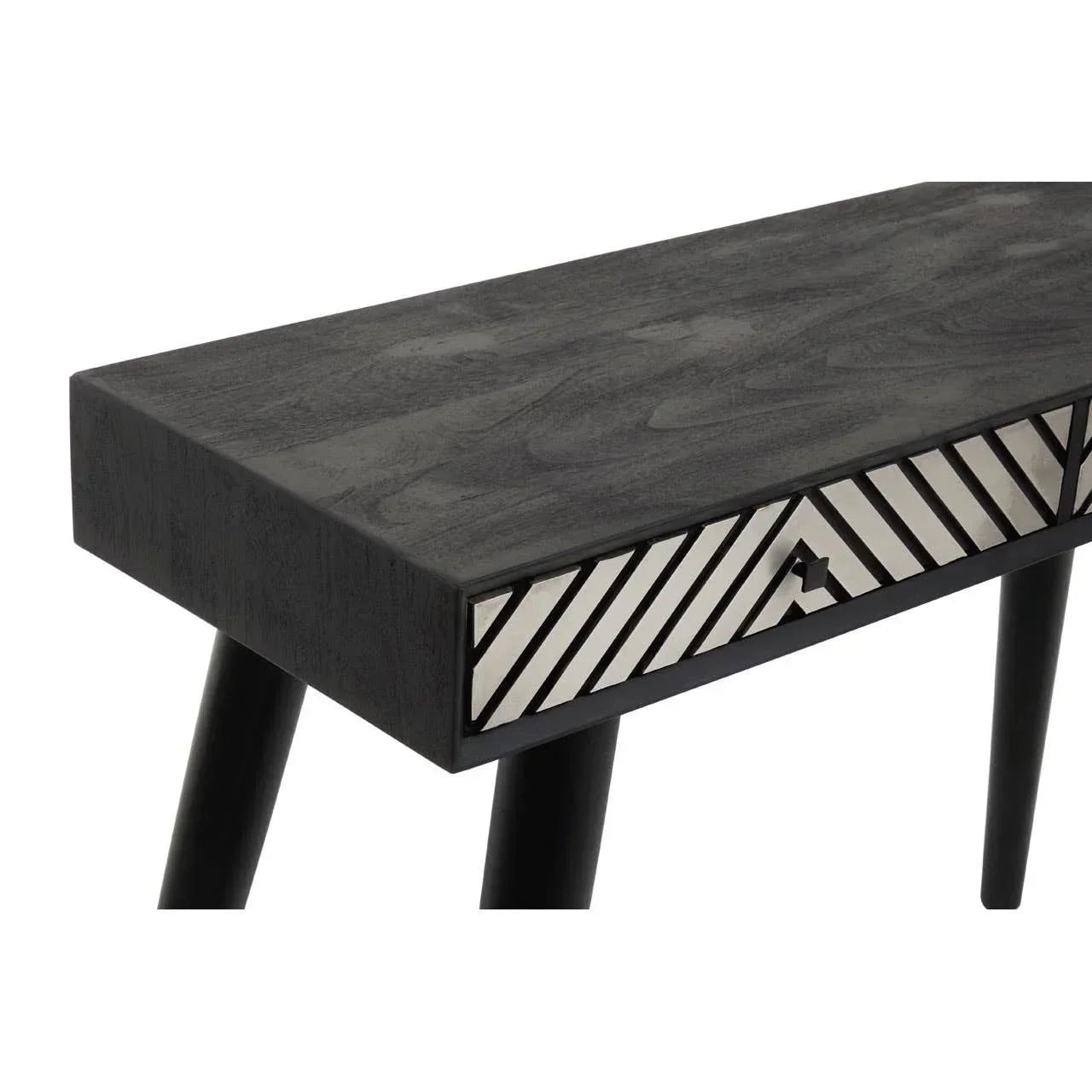 Black wood console table with angled legs and geometric drawer front inlay detail