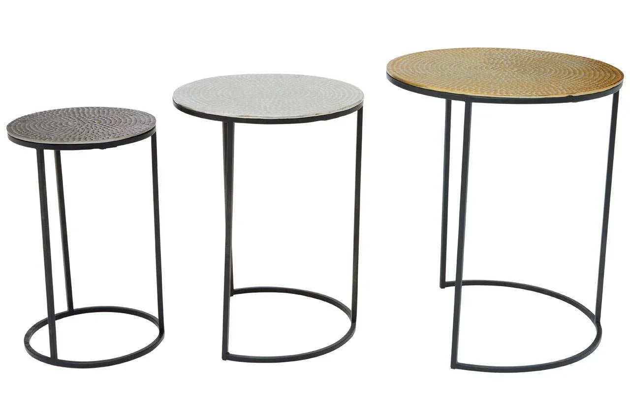Set of three round metal nesting tables with textured tops and black frames