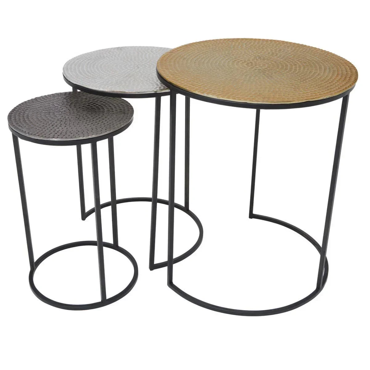 Set of three round metal nesting tables with textured tops in bronze, silver, and black