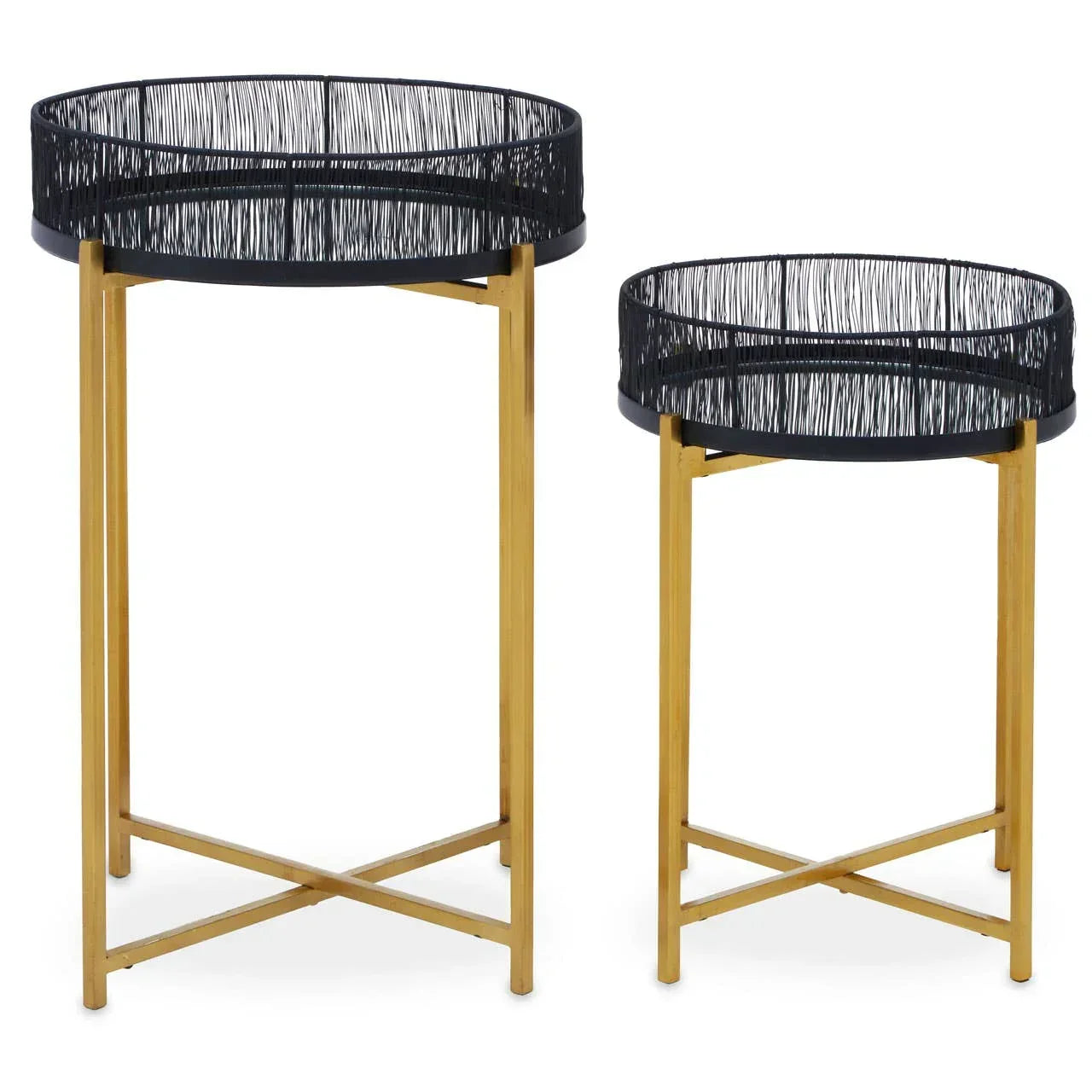 Set of two round nesting side tables with black wire tops and gold metal legs