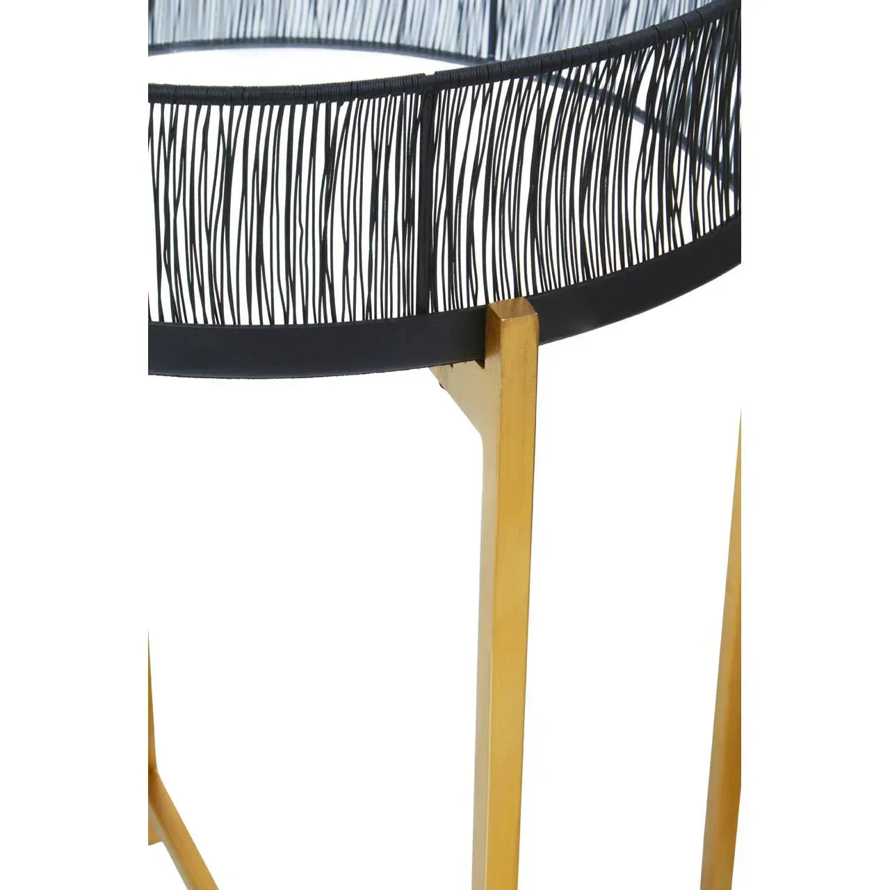 Round metal side table with black wire top and gold legs