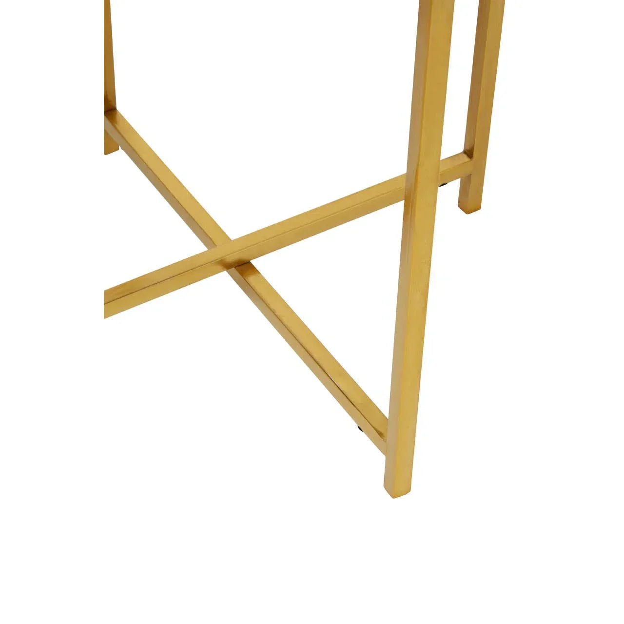 gold metal table legs with crossbar support, close up of furniture base detail