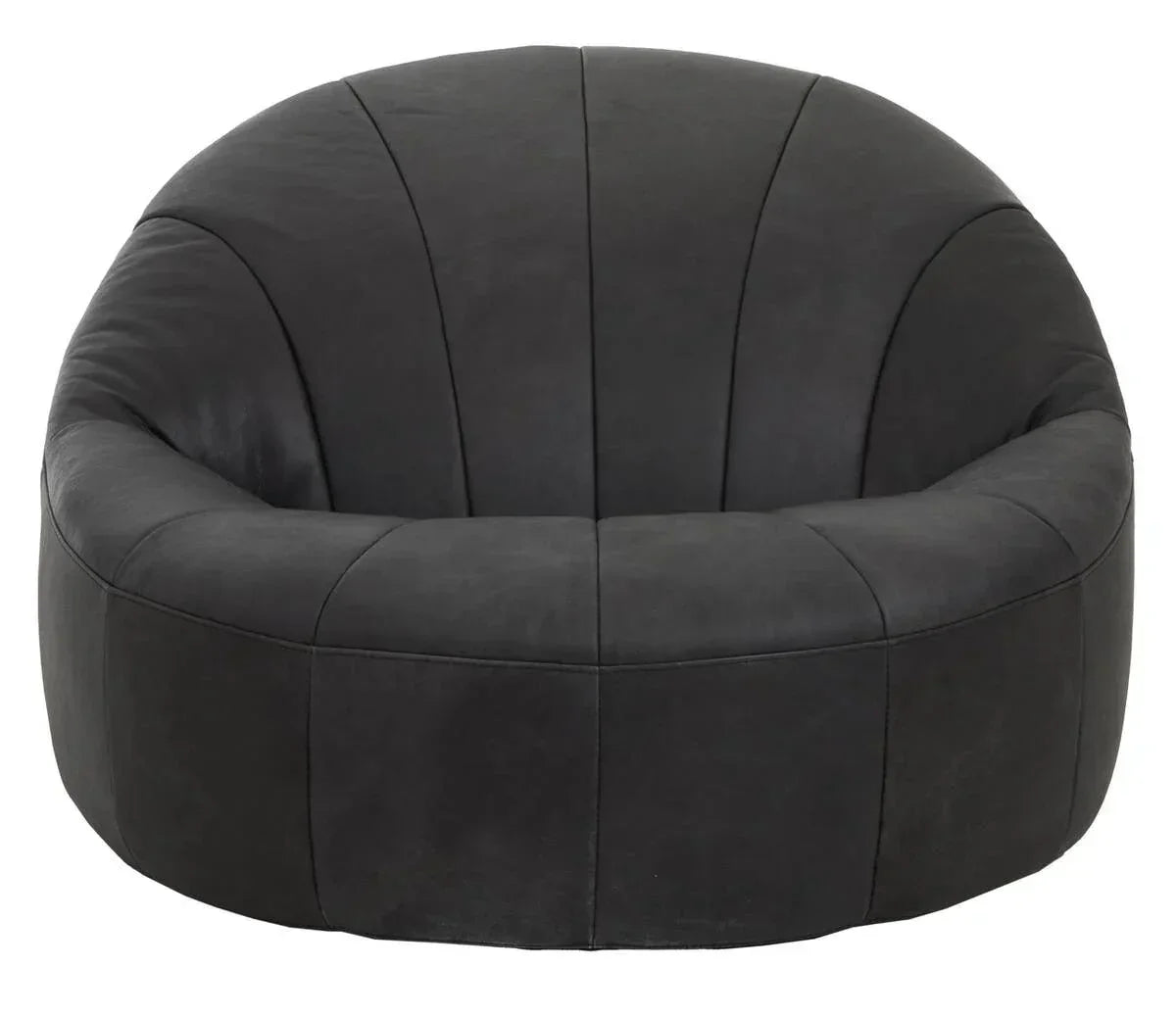 Modern black fabric accent chair with rounded back and stitched panel detail