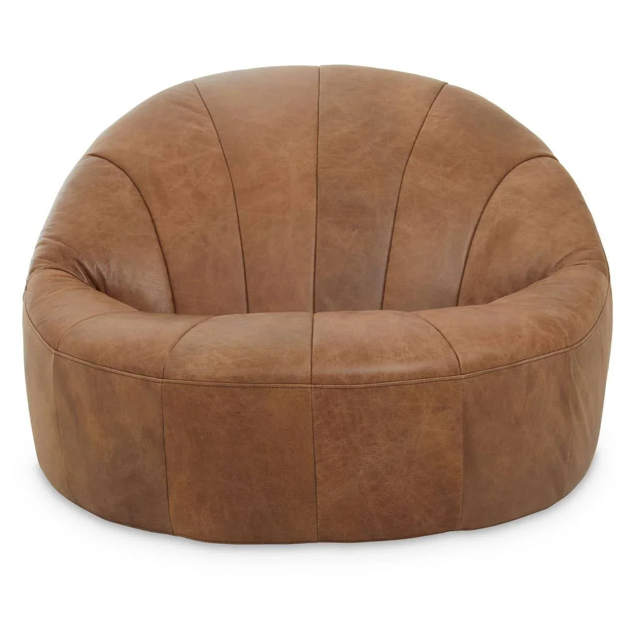Brown leather accent chair with curved design and stitched panels, front view