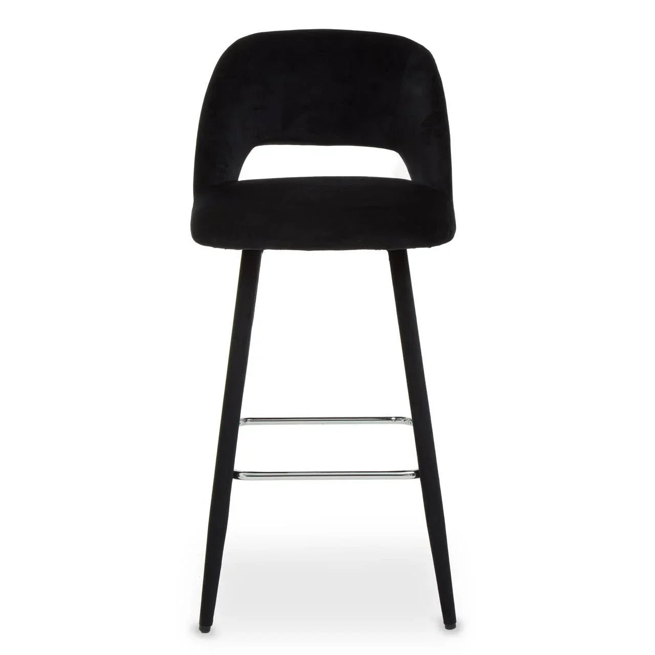 Black velvet bar stool with curved backrest and metal footrest, front view