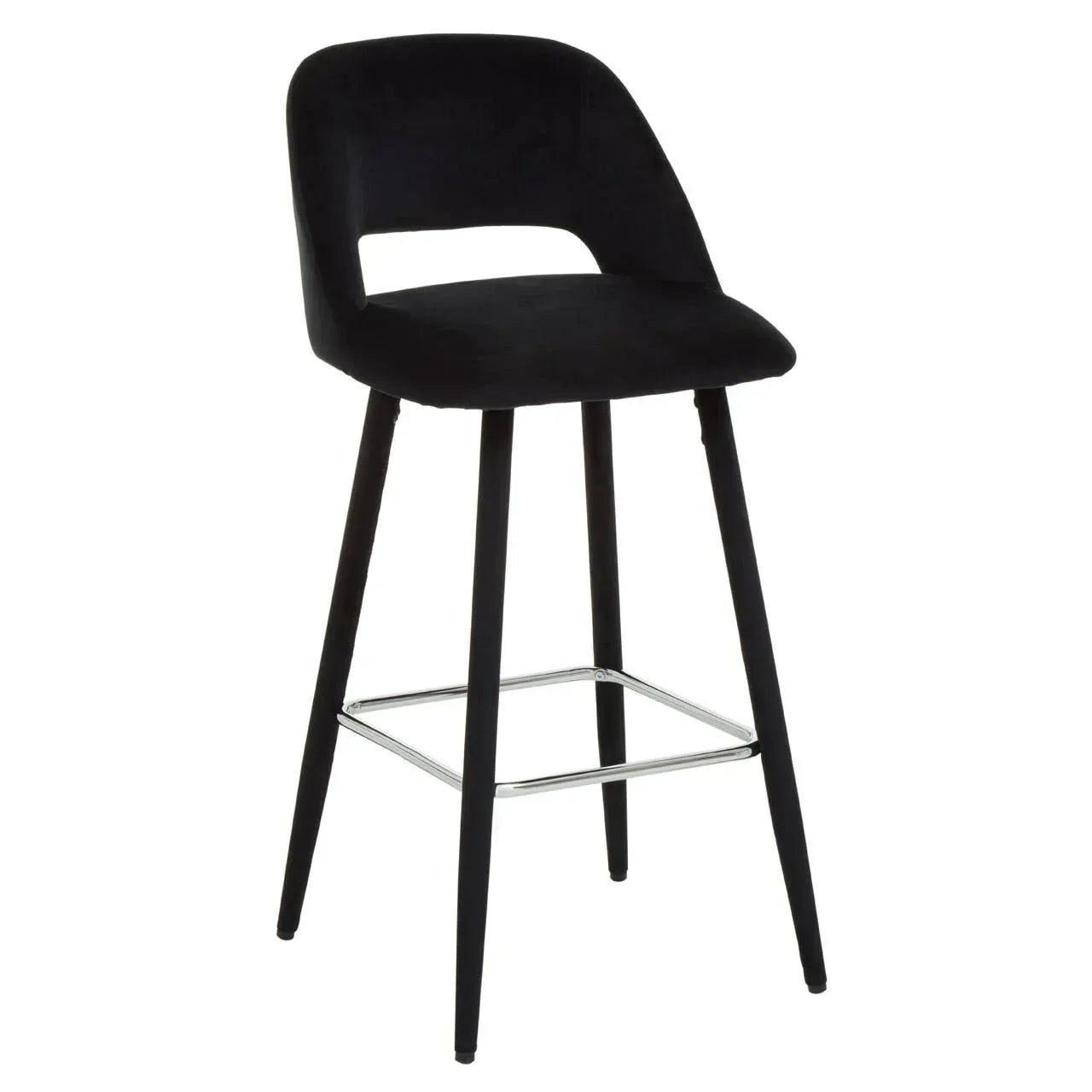 Black velvet bar stool with chrome footrest and mid-backrest design