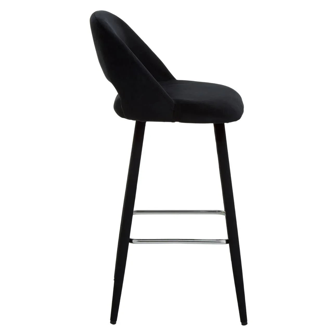Black bar stool with upholstered seat, curved backrest and chrome footrest, side view
