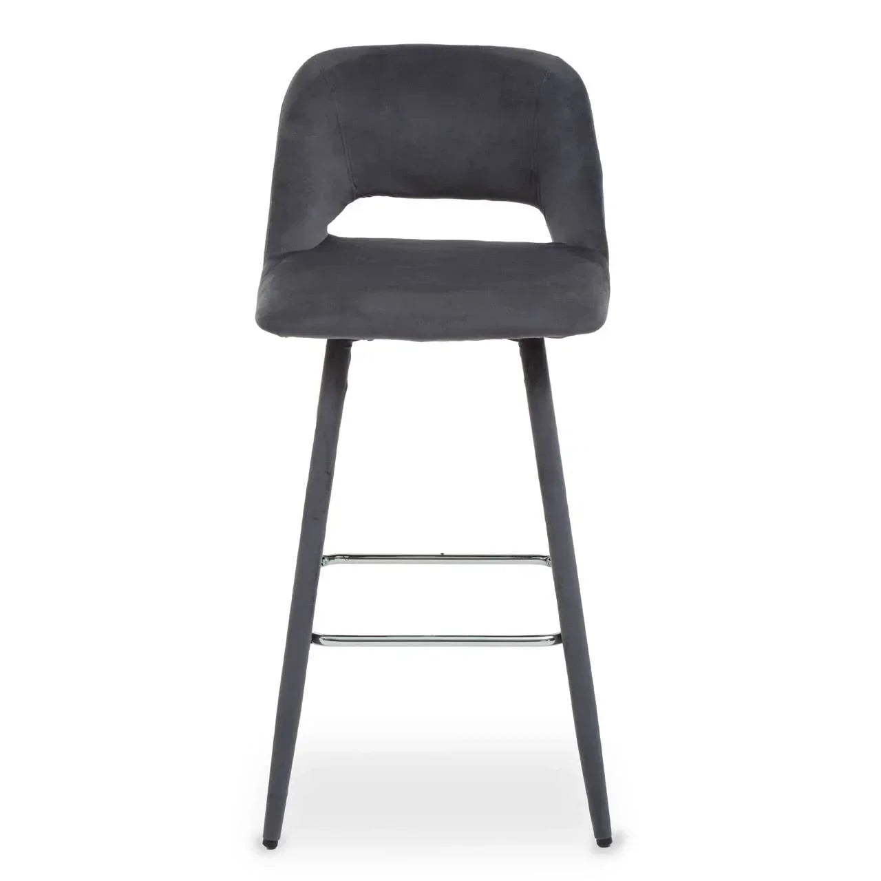grey fabric bar stool with open backrest and metal footrest front view