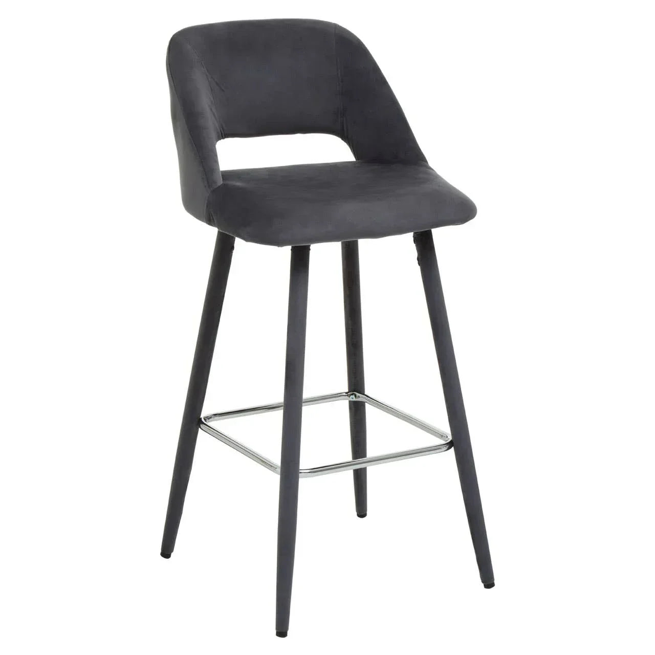 Dark grey bar stool with cushioned seat, low backrest, and chrome footrest