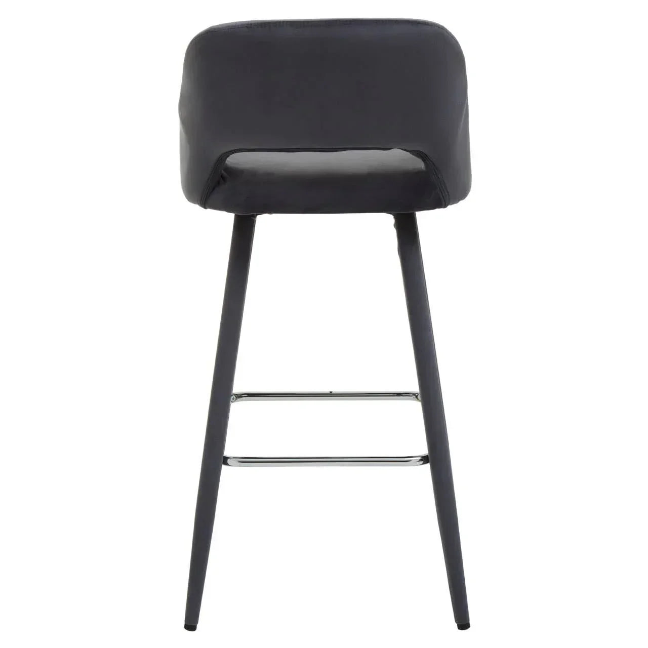 Rear view of black bar stool with curved backrest and chrome footrest bar