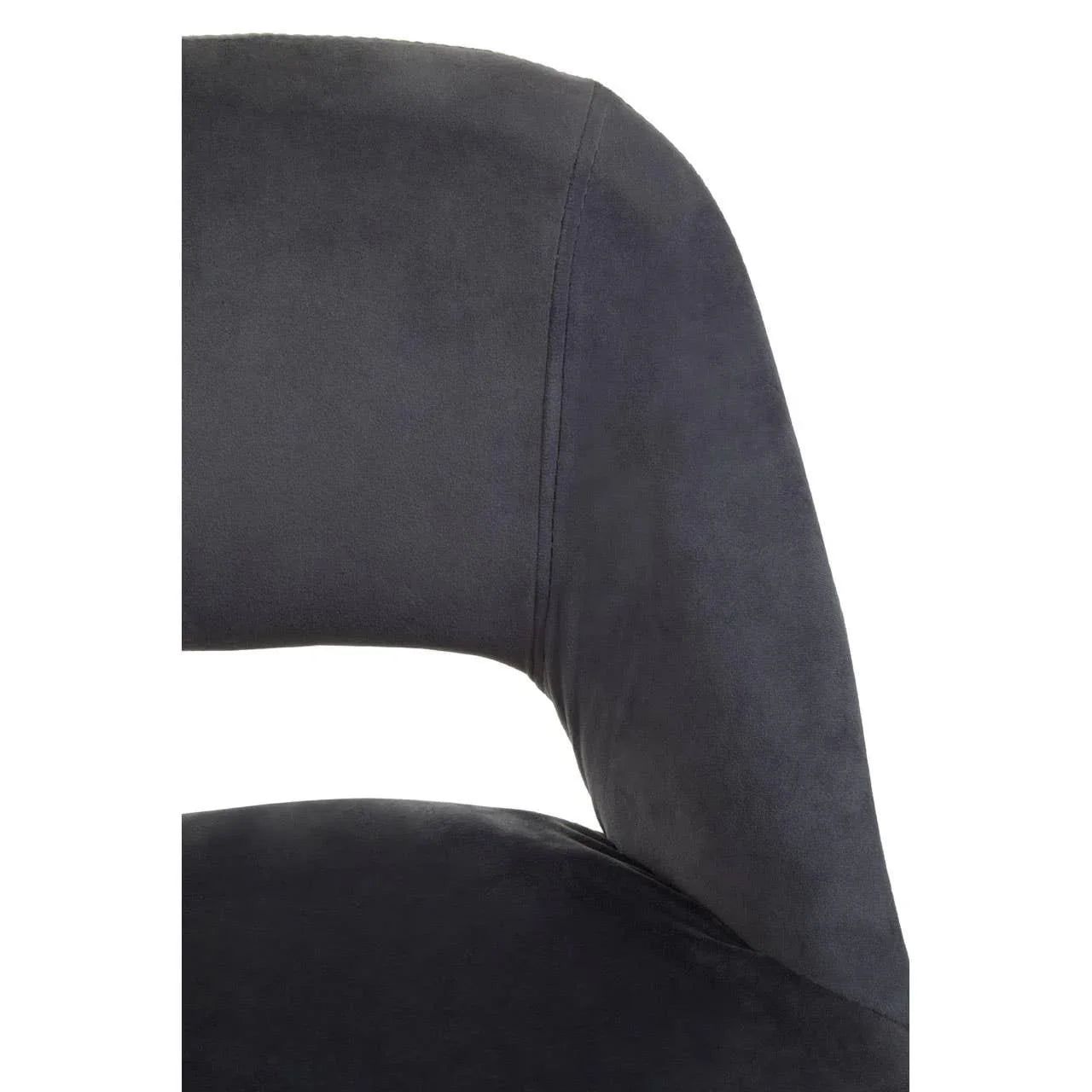 Close up of dark fabric dining chair backrest and seat with stitching detail