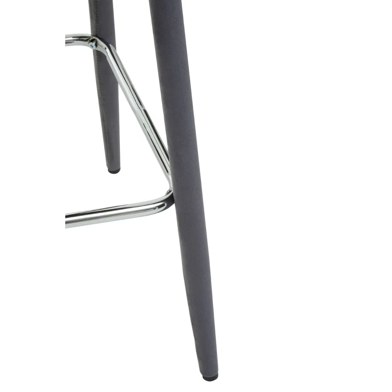 Grey bar stool legs with chrome footrest and fabric upholstery close-up