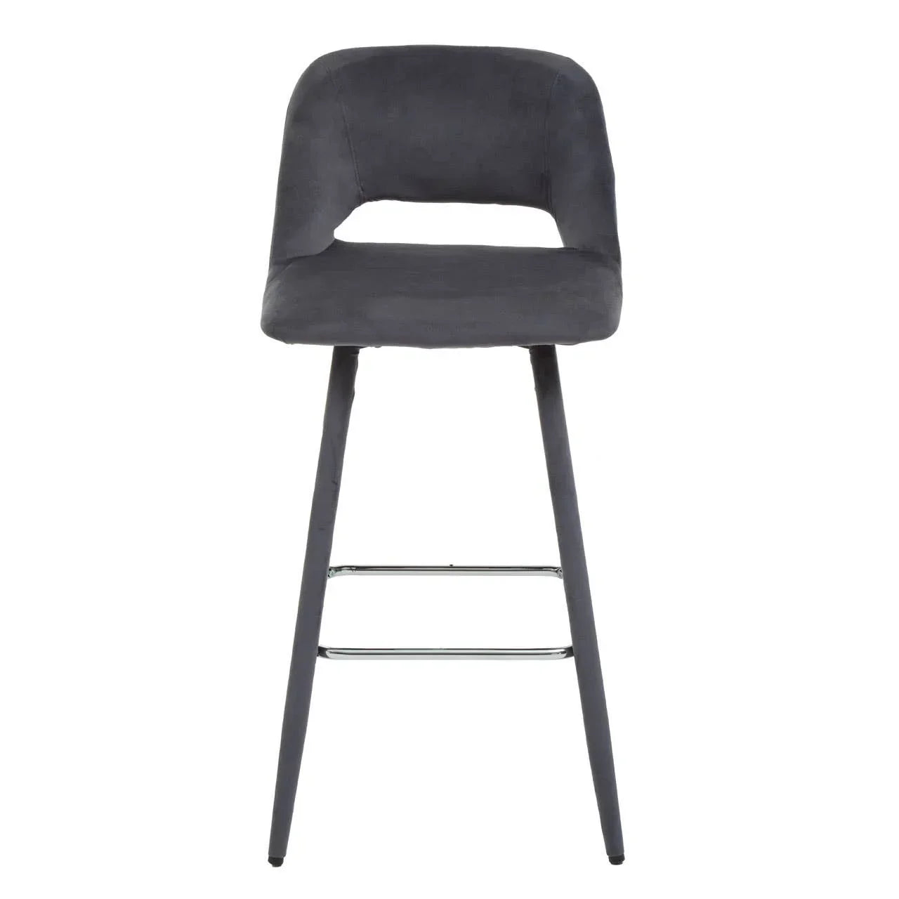 Grey fabric bar stool with curved backrest and metal footrest, front view