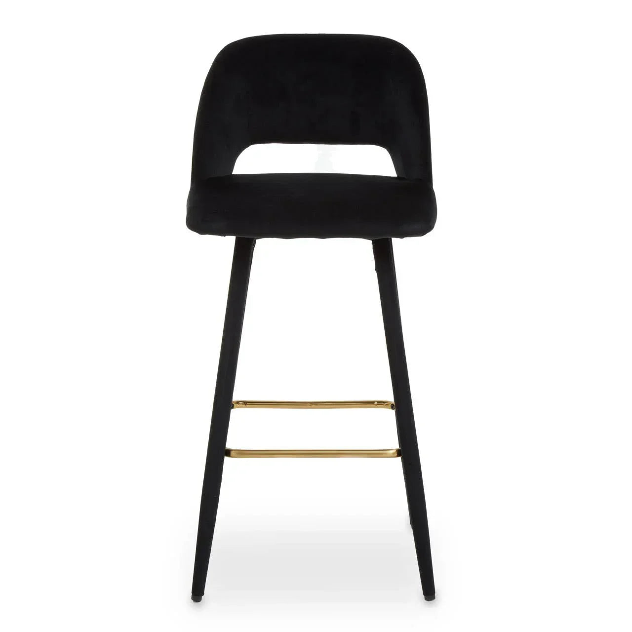 Black velvet bar stool with curved backrest and gold metal footrest, front view