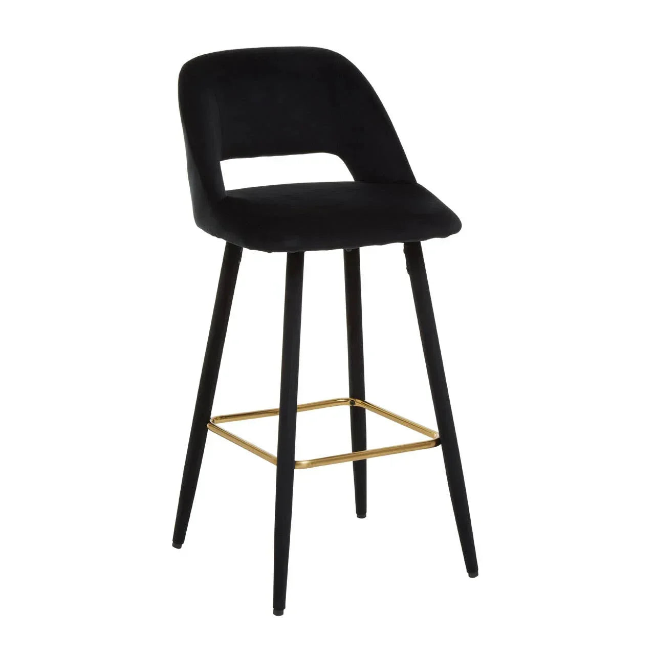 Black velvet bar stool with low backrest and gold footrest, angled front view