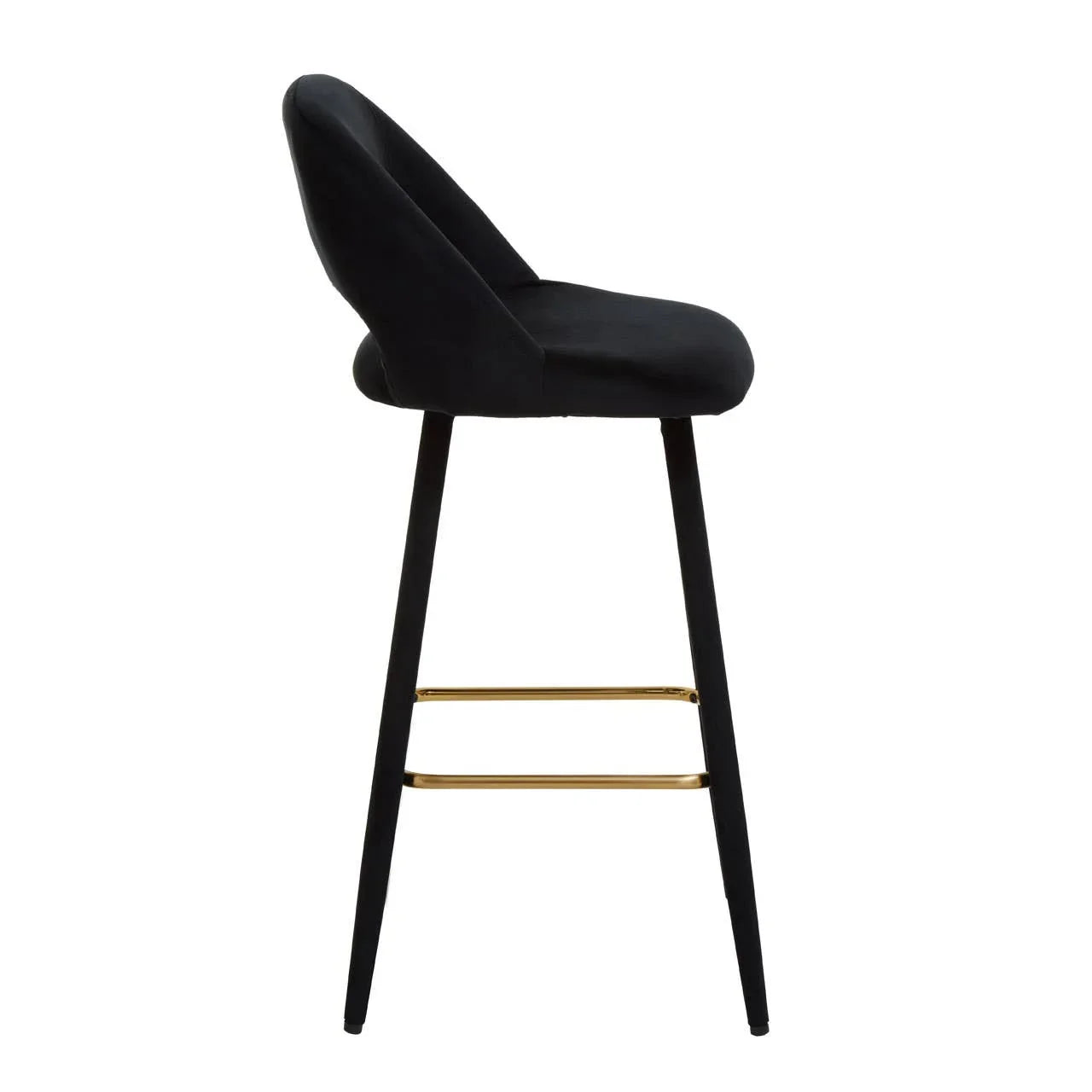 Black velvet bar stool with curved backrest and gold footrests, side profile view