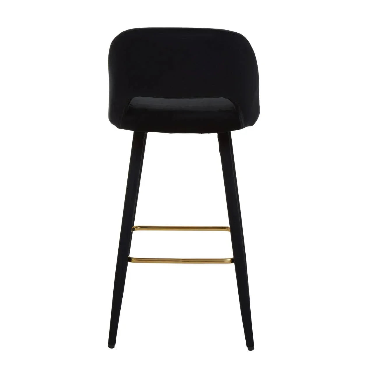 Black bar stool with curved backrest and gold footrest, straight front view