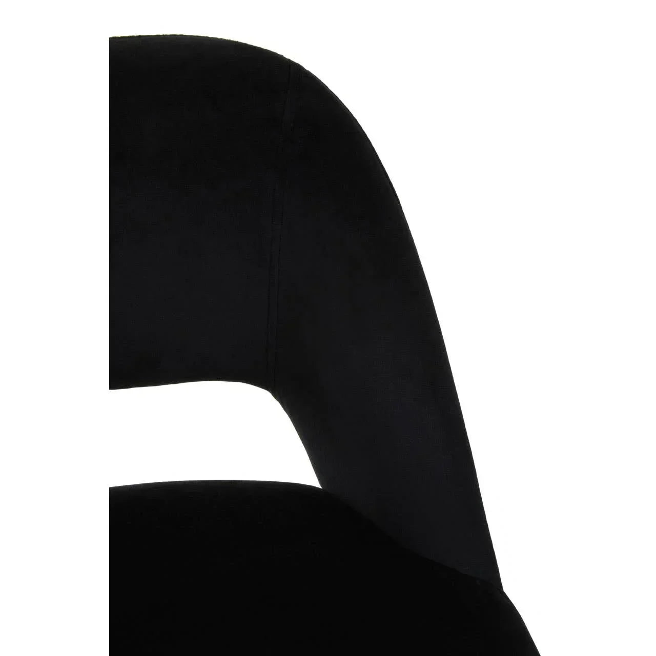 Closeup of black velvet dining chair backrest and seat with curved stitching detail