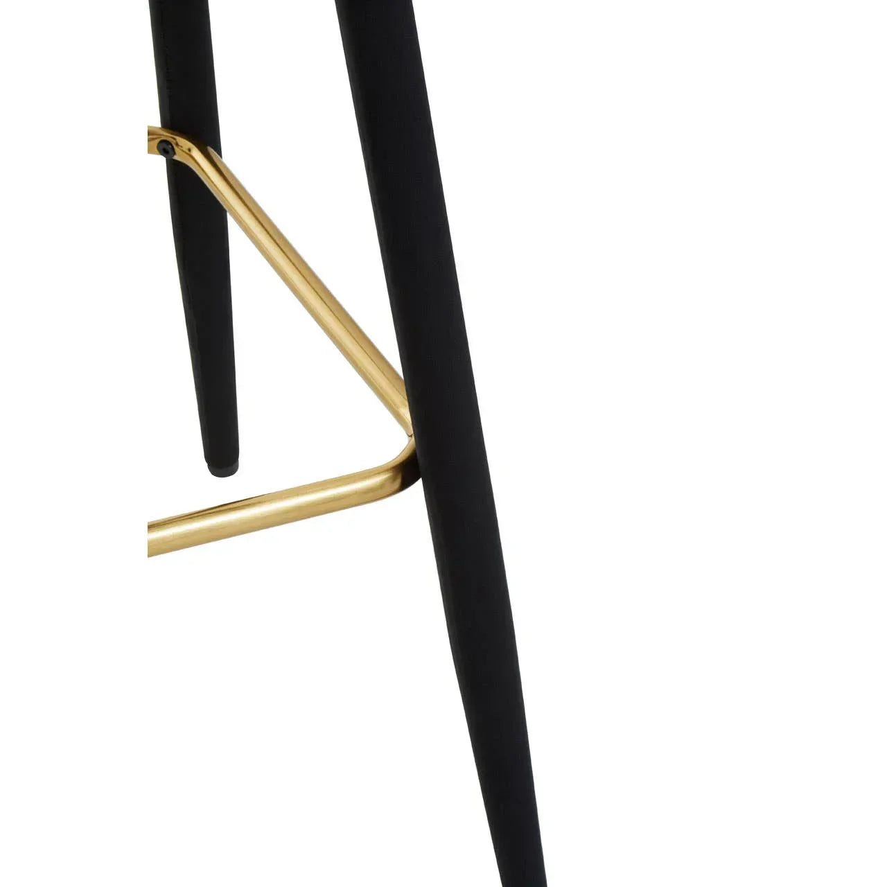 Close up of black bar stool legs with gold metal footrest