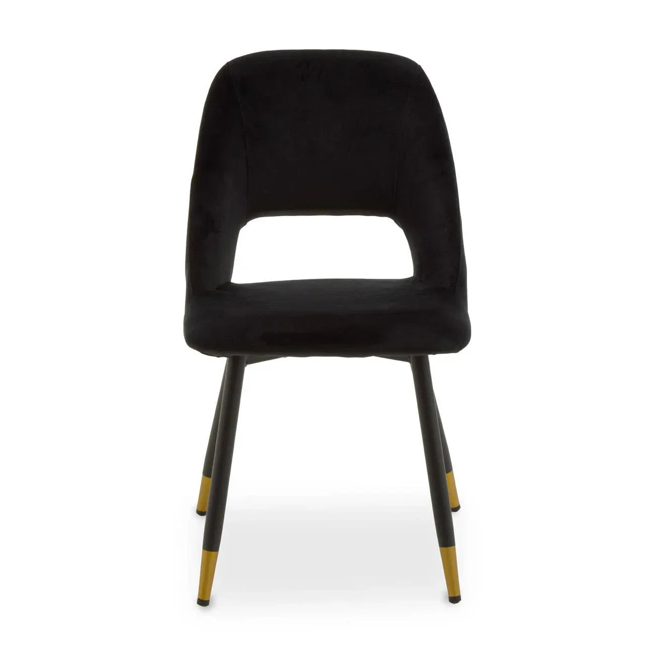 Black velvet dining chair with gold-tipped legs and curved backrest front view
