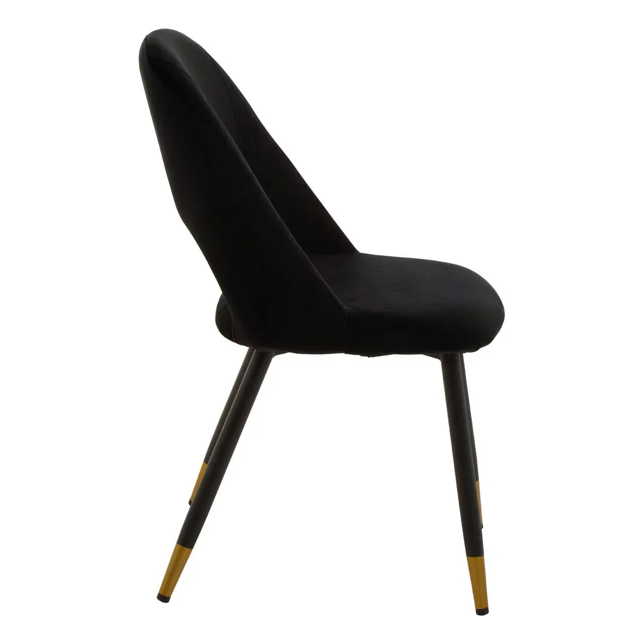 Black velvet dining chair with gold-tipped legs, side angle view