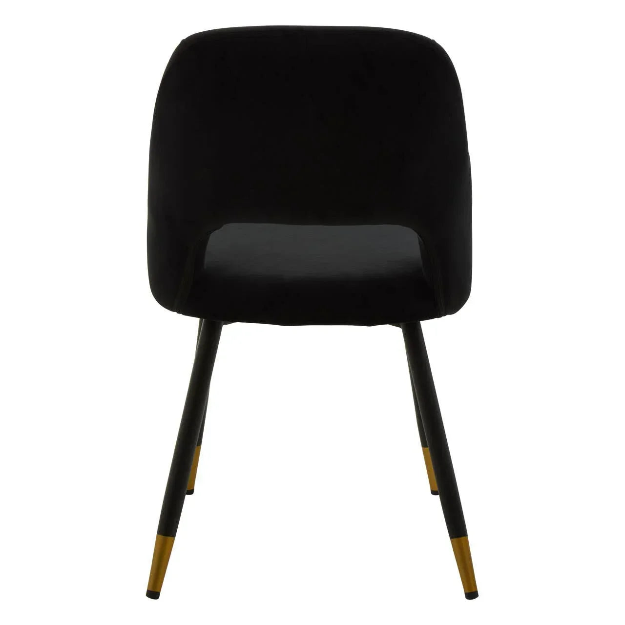 Black velvet dining chair rear view with gold tipped legs