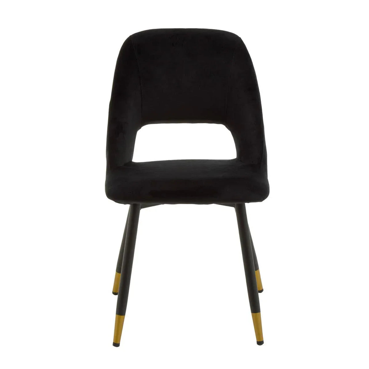 Black velvet dining chair with gold-tipped tapered legs, front view