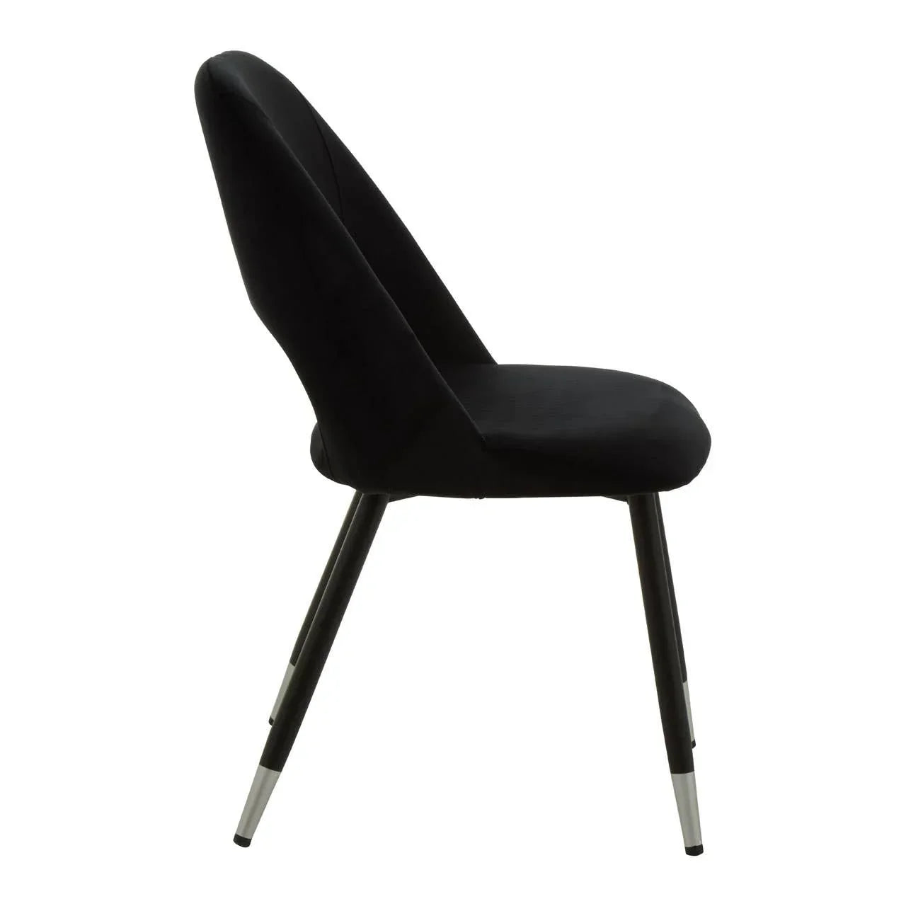 Black dining chair with velvet upholstery and metal legs side view