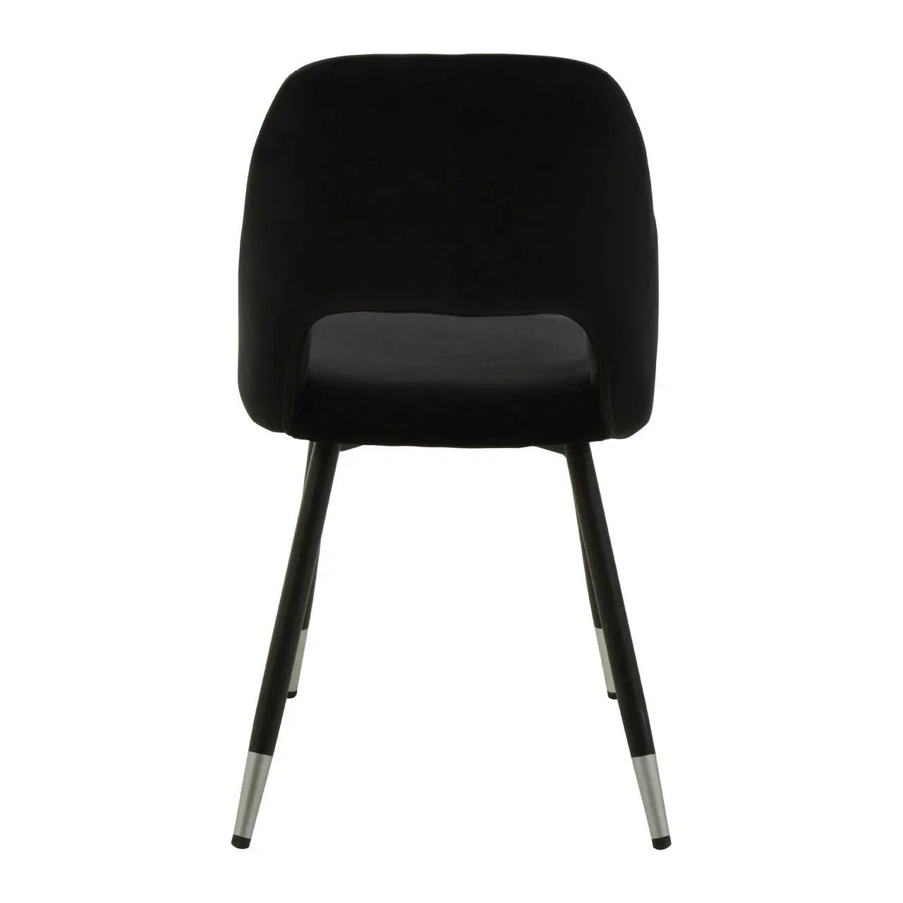 Black dining chair with metal legs and open backrest, rear view