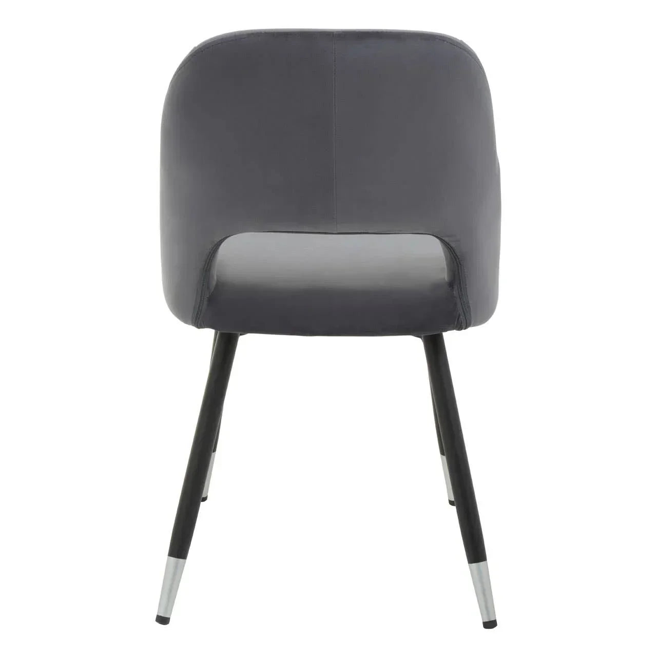 Grey dining chair rear view with metal legs and cushioned seat
