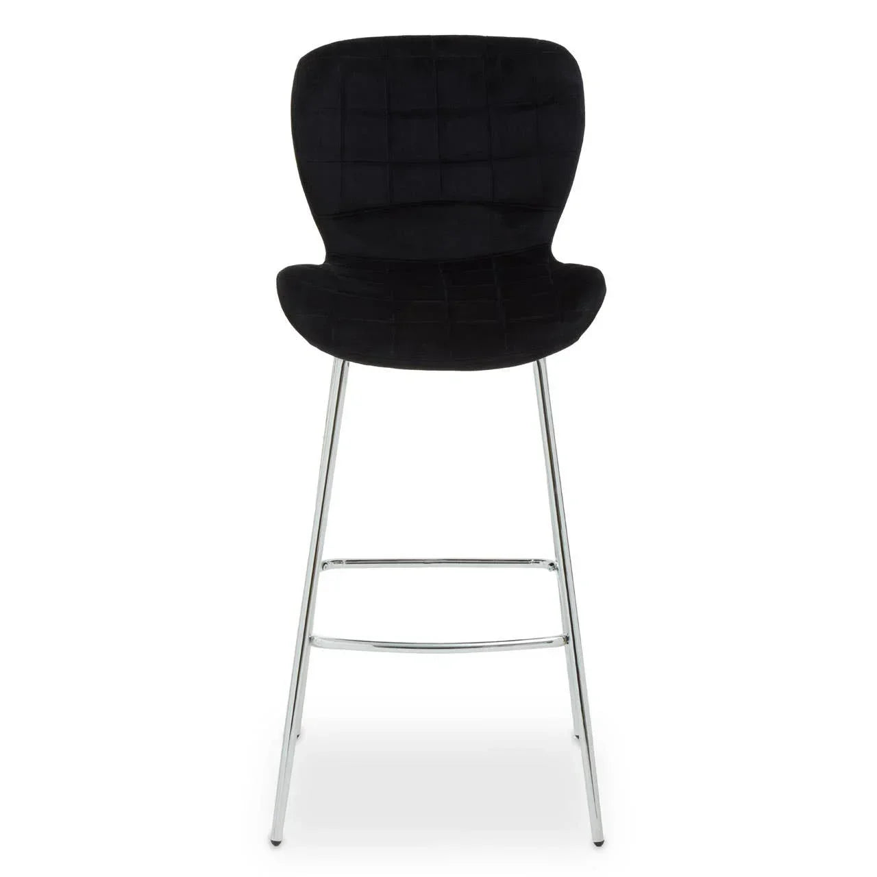 Black velvet bar stool with chrome legs and grid-stitched backrest, front view